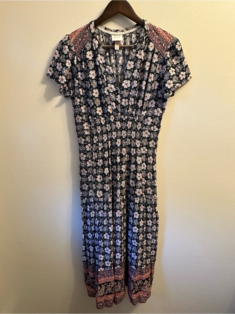 #339 Knox Rose Navy Floral Boho Midi Dress with Pink Accent Trim